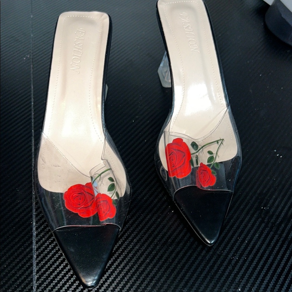 Fashion Nova Black and Red Rose Heels